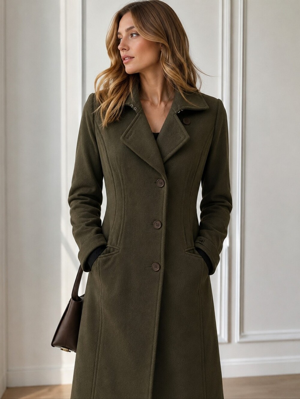 BCBGMAXAZRIA Women’s Olive Green Tailored Long Coat – Size M